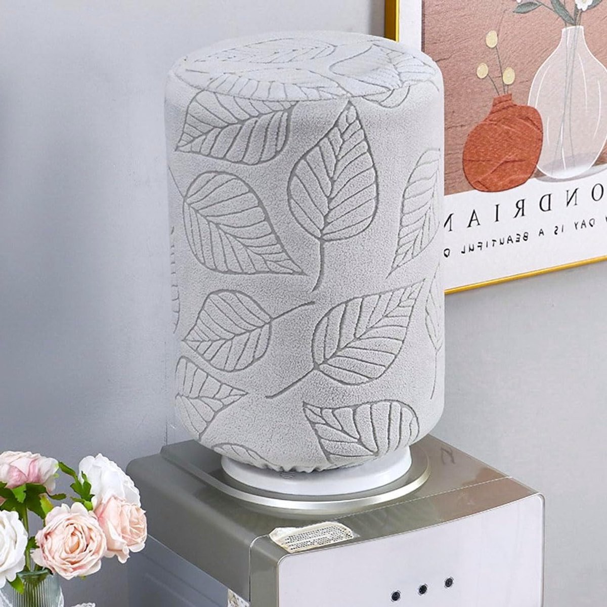 Waterflesbescherming voor 5 Gallon, Waterdispenser en Vaten - Herbruikbare Elastische Deksel met 3D Bladpatroon voor Thuis, Hotel en Restaurant (Lichtgrijs)
