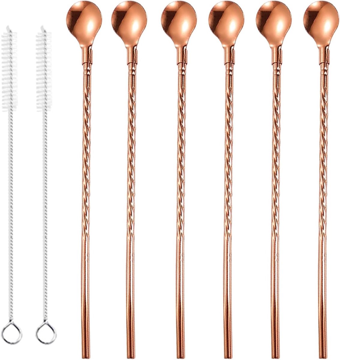 Set van 6 roestvrijstalen barlepels met 2 schoonmaakborstels, ideaal voor cocktails, desserts en milk tea, perfect voor thuis en in de horeca