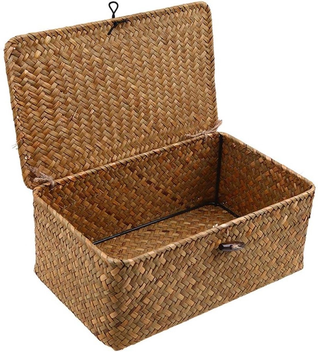 Woven Rattan Wicker Opbergmand met Deksel, Seagrass Wasmand en Make-up Organizer voor Badkamer, Woonkamer of Keuken (L)