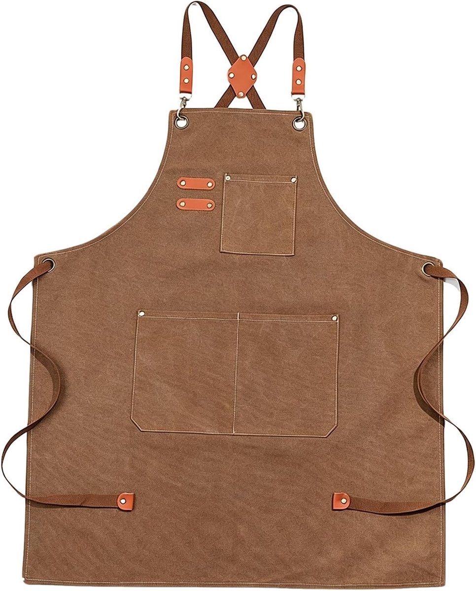 Canvas schort met waterspat- en vlekbescherming, verstelbare kruisband, 3 zakken voor grillen, koken en tuinieren, bruin, 127 cm lang
