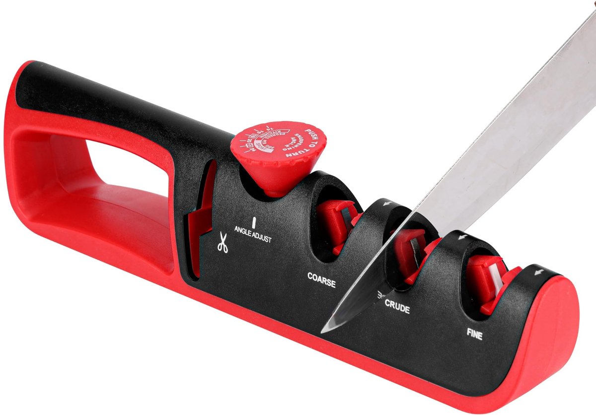 Dailygoods - Dailygoody - handmatige messenslijper - messen slijpen - pro messenslijpers - rood - keukenmessen - scharen - geschikt voor thuisgebruik