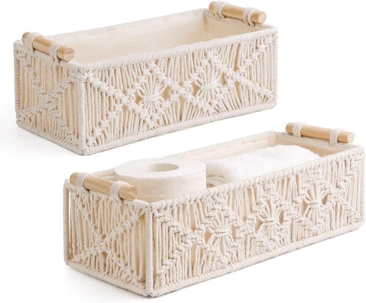 Set van 2 Geweven Opbergmanden met Handvat, Boho Decoratieve Manden, Rechthoekige Gevlochten Mand voor Woonkamer, Hal en Badkamer, Interieur Decoratie en Organisatie