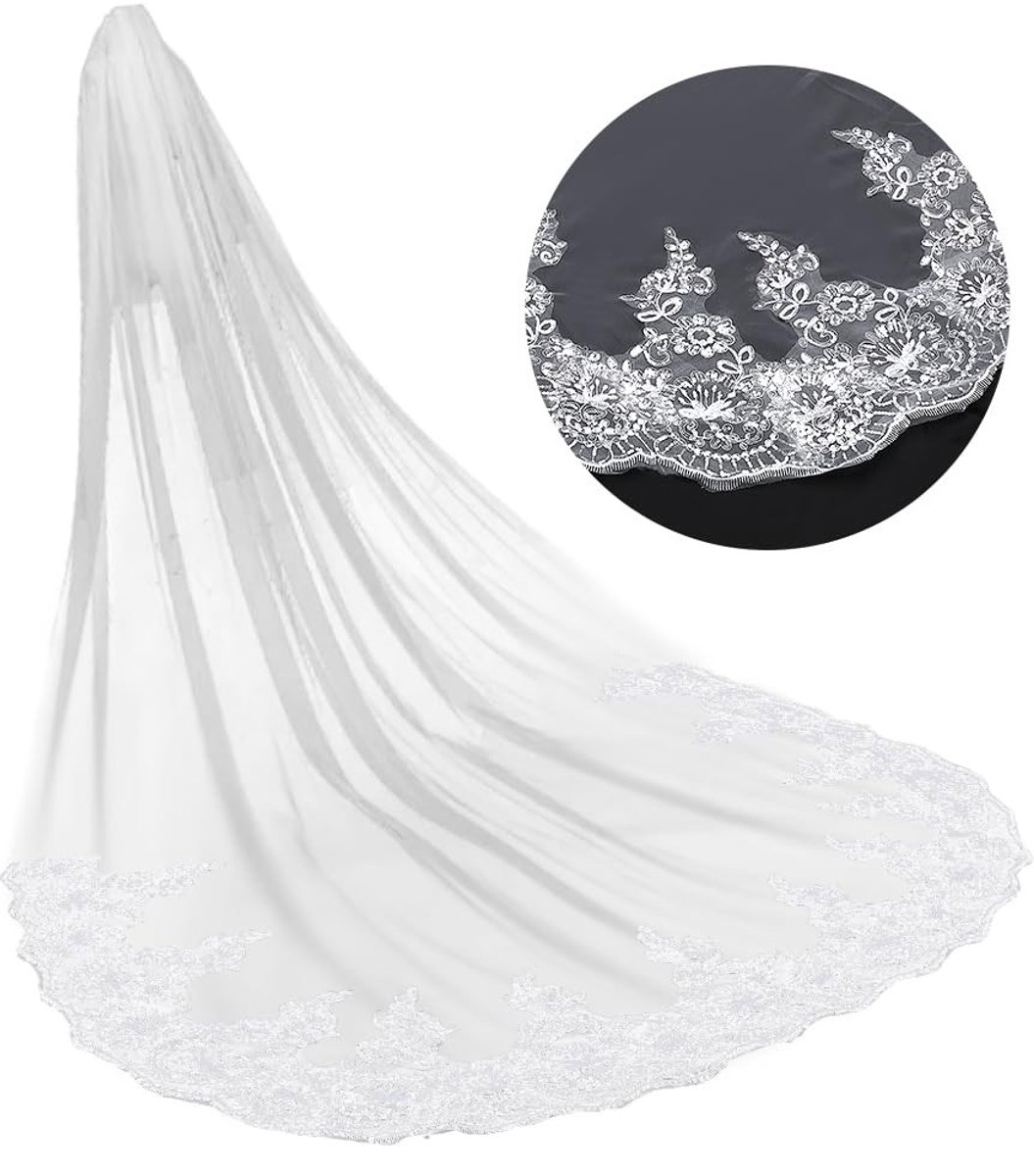 Dailygoods - Dailygoody - Bruidssluier - Lange Bruidssluier - Elegante uitstraling - Wit - Bruidsaccessoire - Perfect voor elke bruiloft - Geschikt voor vrouwen