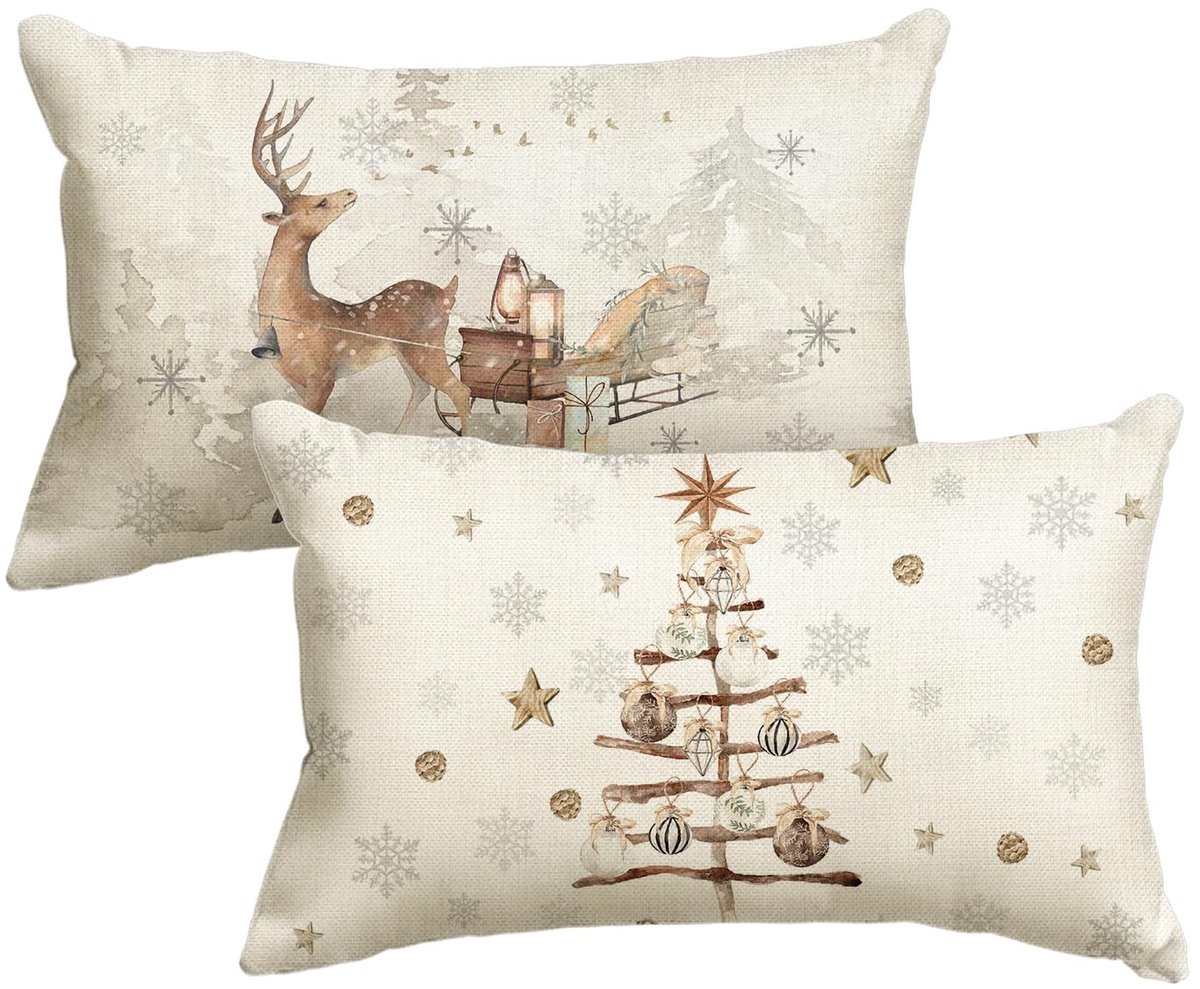 Dailygoody - OmGoods - Dailygoody - Sneeuwvlokken Bomen Kussenslopen - Set van 2 - 30x50 cm - Rustieke Kerst Decoratie - Beige - Perfect voor Woonkamer en Slaapkamer