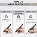 Grijze soldeerbout met instructies voor aan-/uitzetten en temperatuurinstelling.