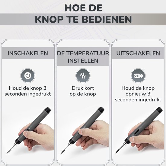 Grijze soldeerbout met instructies voor aan-/uitzetten en temperatuurinstelling.