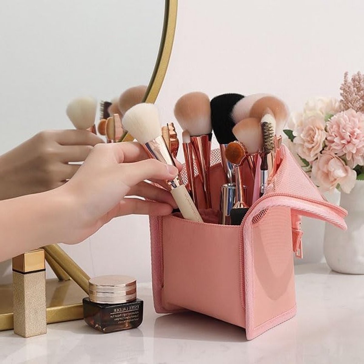 Make-up Borstel Organizer Tas voor Reizen - Waterdichte Opbergtas voor Make-up Accessoires in Roze, Ideaal voor Reizen en Thuisgebruik