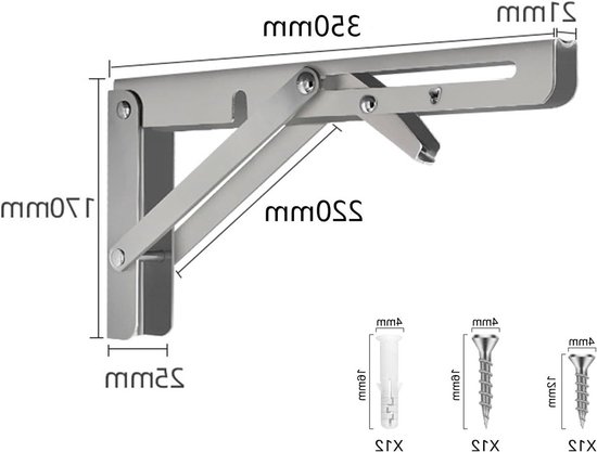 Vouwbare hoeksteun van 350 mm, wandmontage, roestvrijstalen opvouwbare plankhouder, maximaal 80 kg draagvermogen, ideaal voor ruimtebesparing en organisatie — afbeelding 5