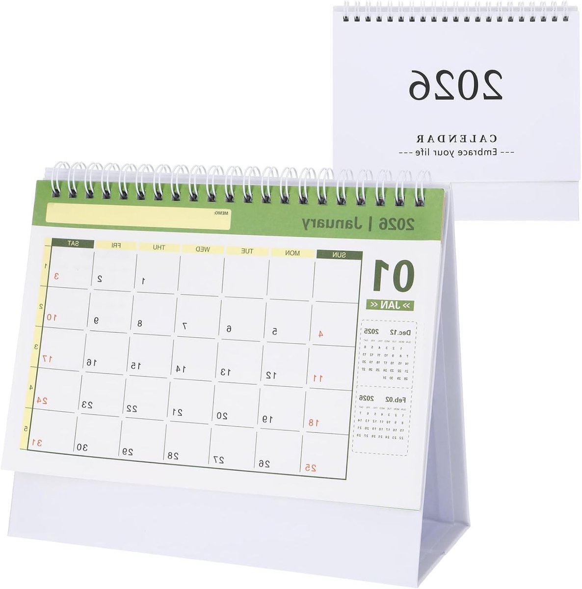 Witte tafelkalender 2026 met maand- en weekoverzicht, ideaal voor planning en organisatie