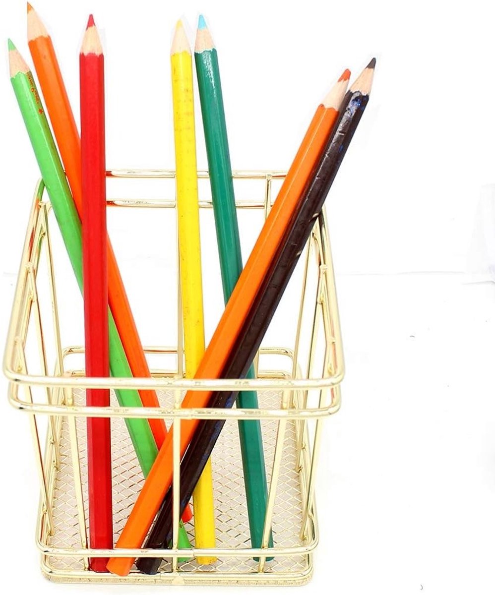 Vierkante Pennenhouder van Metaal voor Bureau - Organizer voor Make-upkwasten en Pennen, Koper Goud, Stijlvol en Functioneel