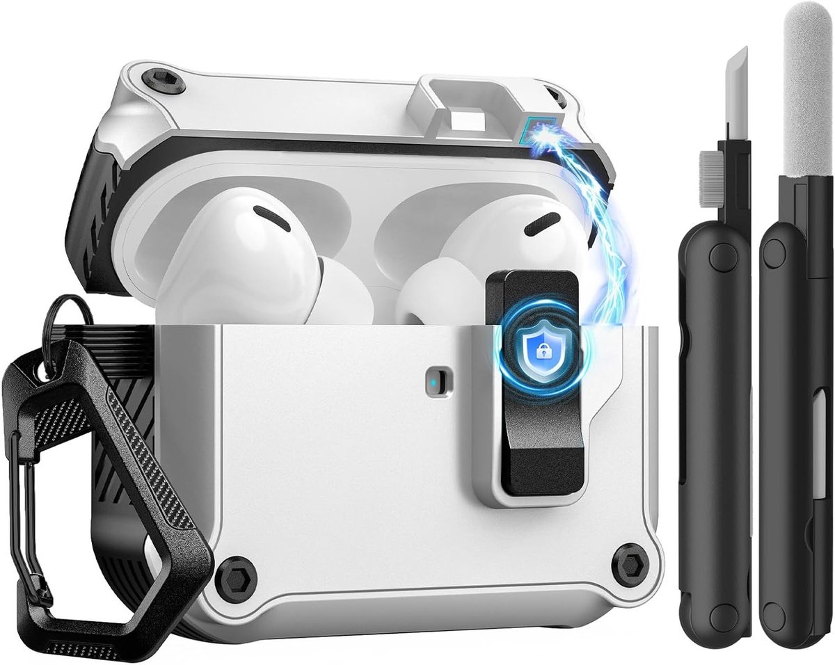Beschermhoes voor AirPods Pro 3 (2025) met Veiligheidsclip, Automatische Pop-up en Schoonmaakset, Wit en Zwart - Duurzame Hardcase en Klimghaak voor Optimale Bescherming
