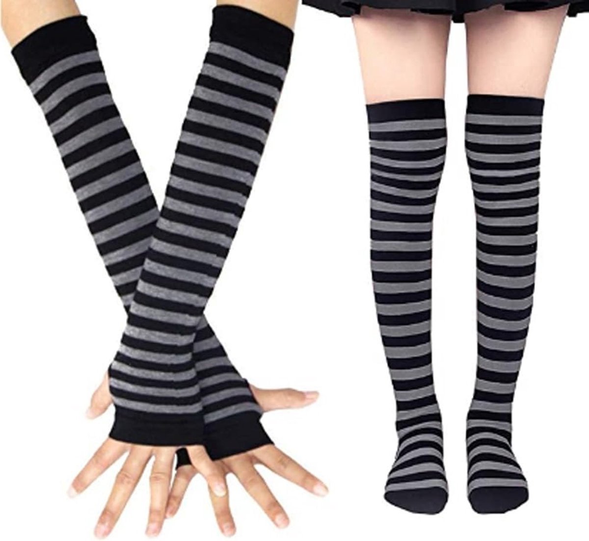 Lange Kniekousen en Armwarmers Set met Vingerloze Handschoenen voor Herfst en Winter, Perfect voor Yoga, Hardlopen en Feestjes met Streepdesign