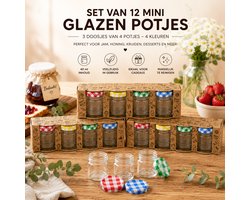 Mini Glazen Potjes Set van 12 – 40 ml – 4 x 4 x 5 cm – Kleine Jampotjes met Geruite Deksels – 3 Pakjes van 4 Stuks