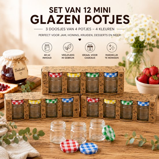 Set van 12 mini glazen potjes met geruite deksels in 4 kleuren: rood, geel, groen en blauw. Verpakt in kartonnen doosjes.