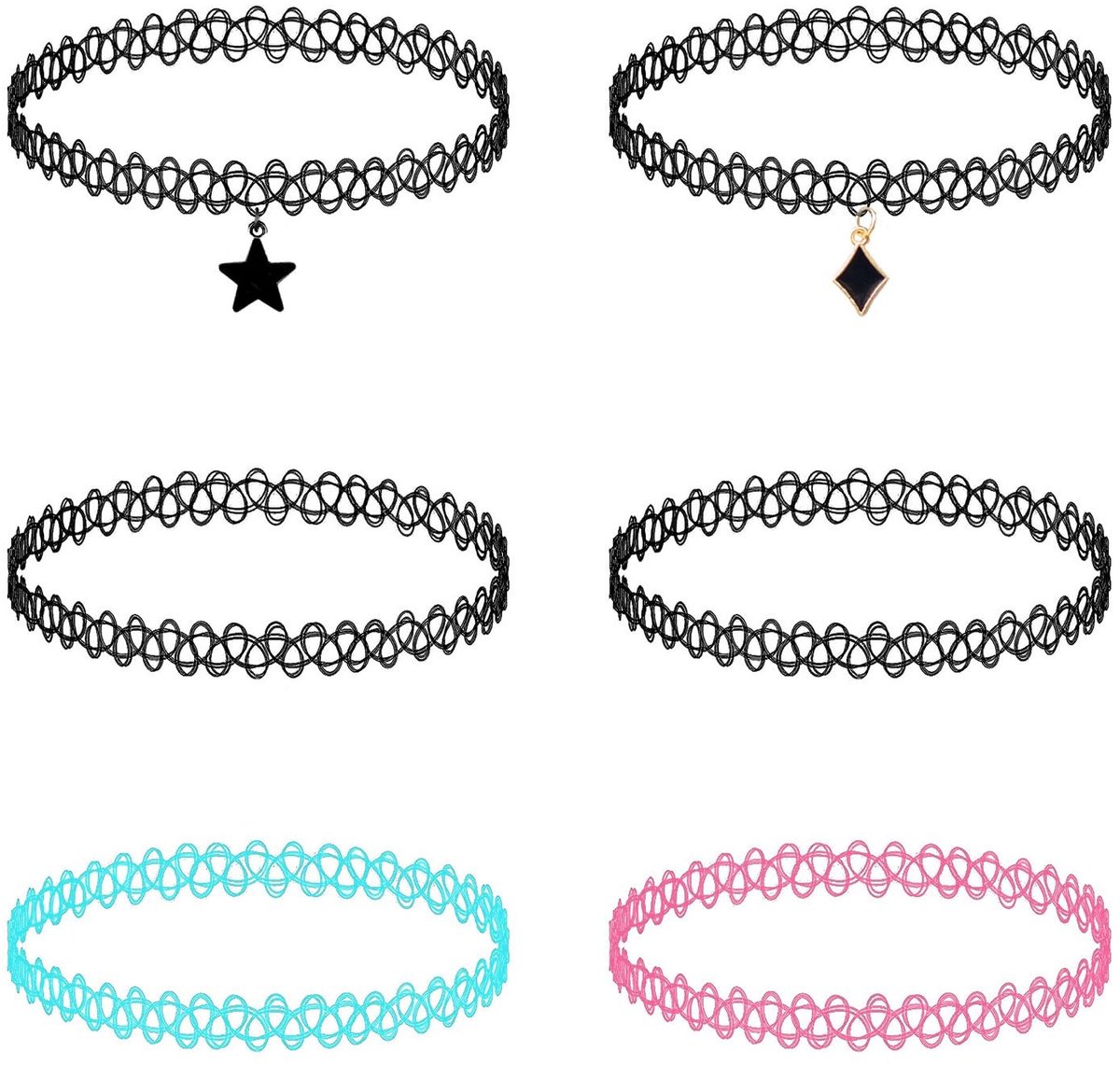 Dailygoody - Tattoo-halskettingen - Set van 6 - Modieus en elastisch - Gothic-stijl - Voor zomeroutfits - Verstelbare choker-halsketting - Geschikt vo...