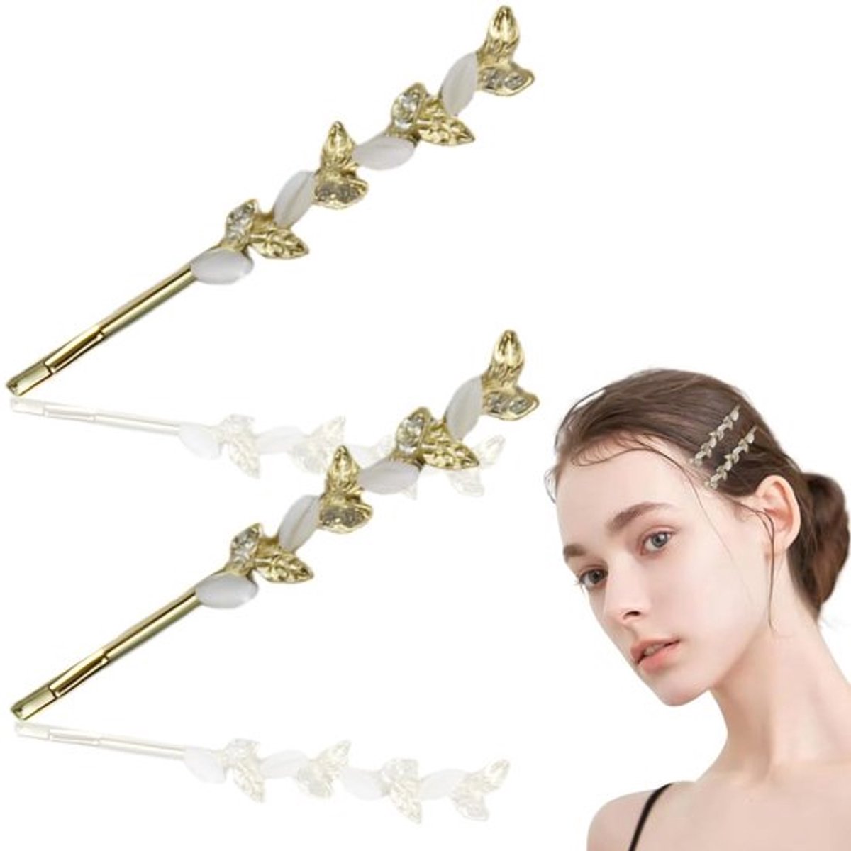 2 Stuks Dames Haarspelden - Elegante Bruiloft Accessoires - Gouden Bladen met Strass