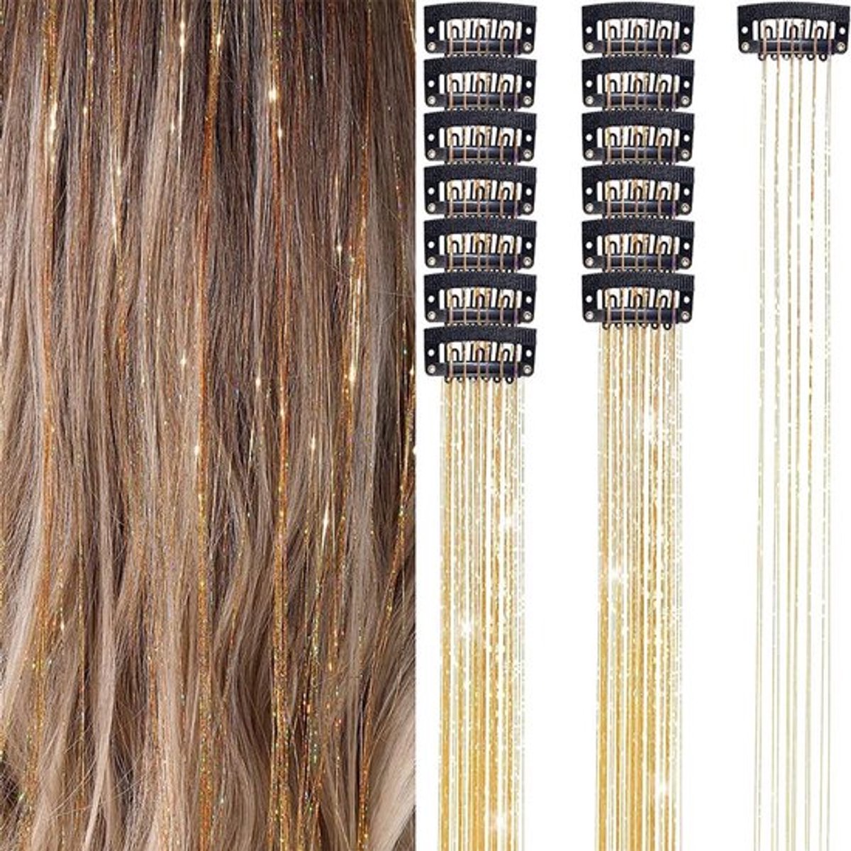 12 stuks glitter haarstrengen tinsel-haarextensions - gouden clip-in verlengingen - 50 cm