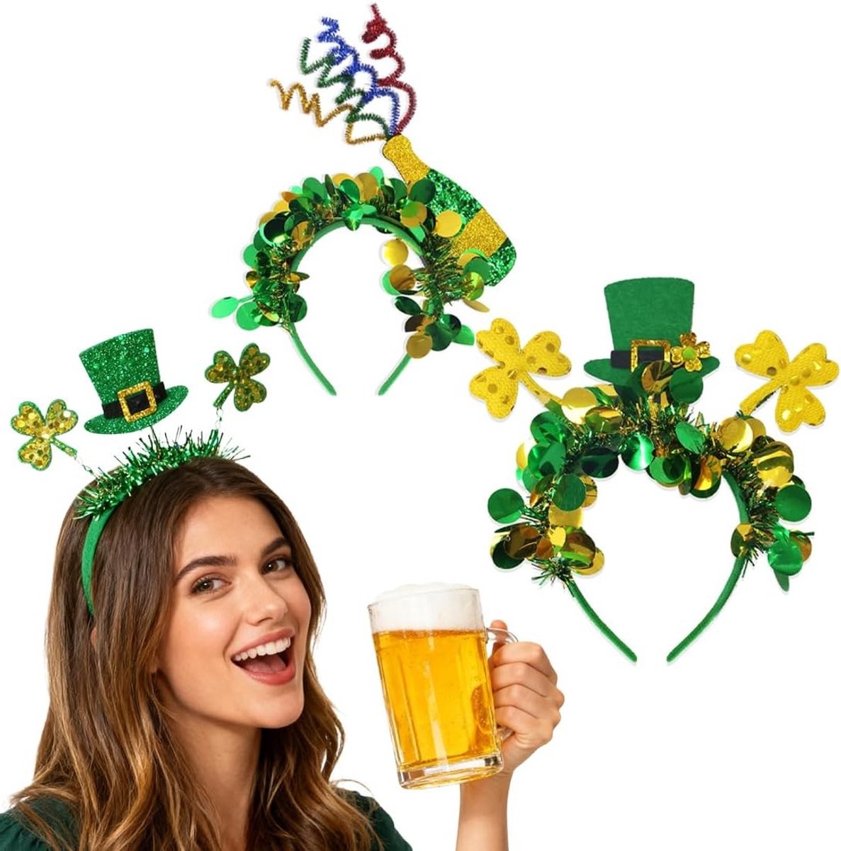 Set van 2 Groene Haarbanden voor Vrouwen met Bloemen en Veren, Ideaal voor St. Patrick's Day, Feest, Carnaval en Decoratie