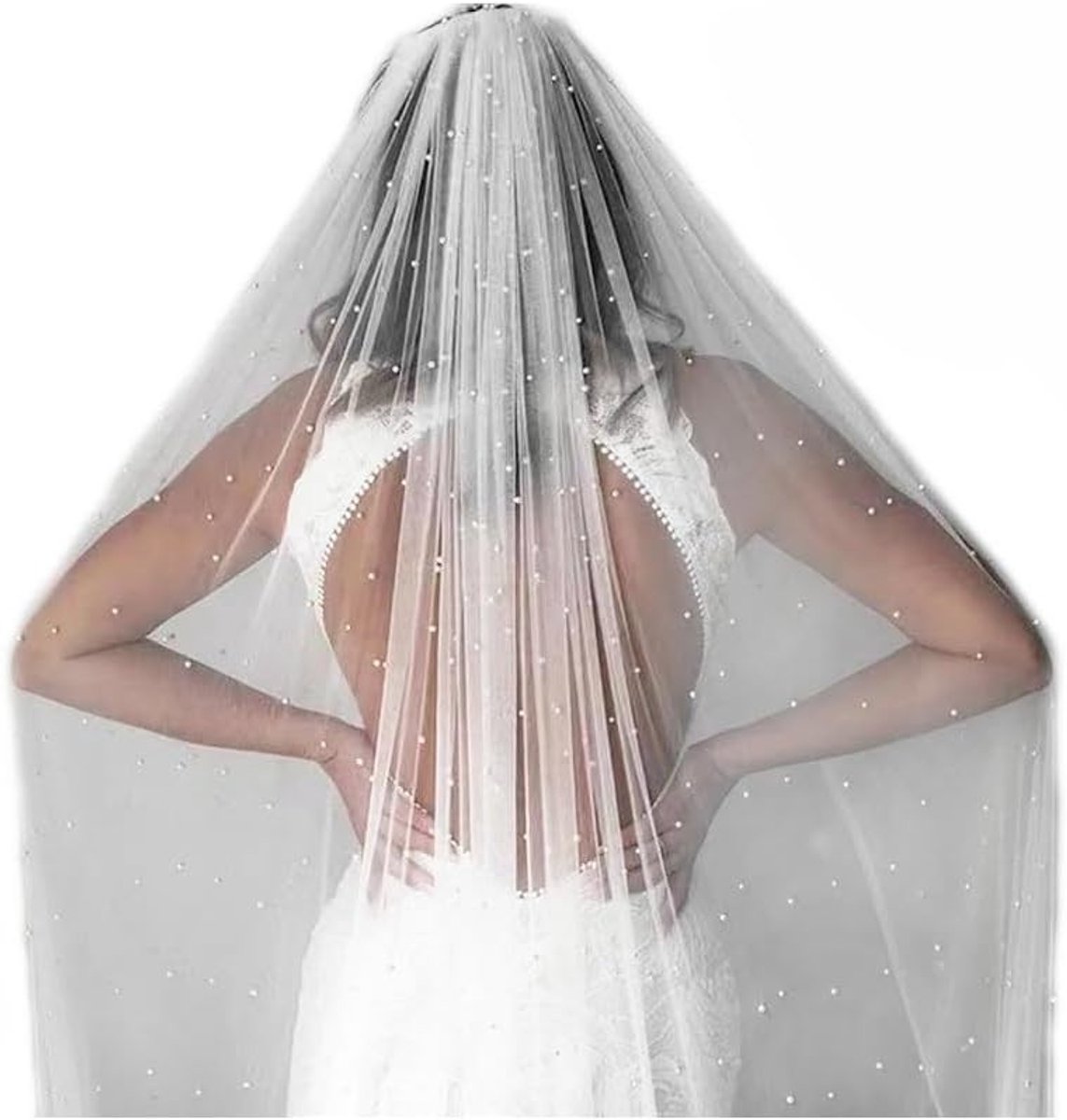 Elegante Bruidsluier met Parels in Wit en ivoor, Zachte Tule met Metalen Kam, 1 Laag, 45-500 cm, Perfect voor Kerken en Bruiloften, Haaraccessoires voor Vrouwen