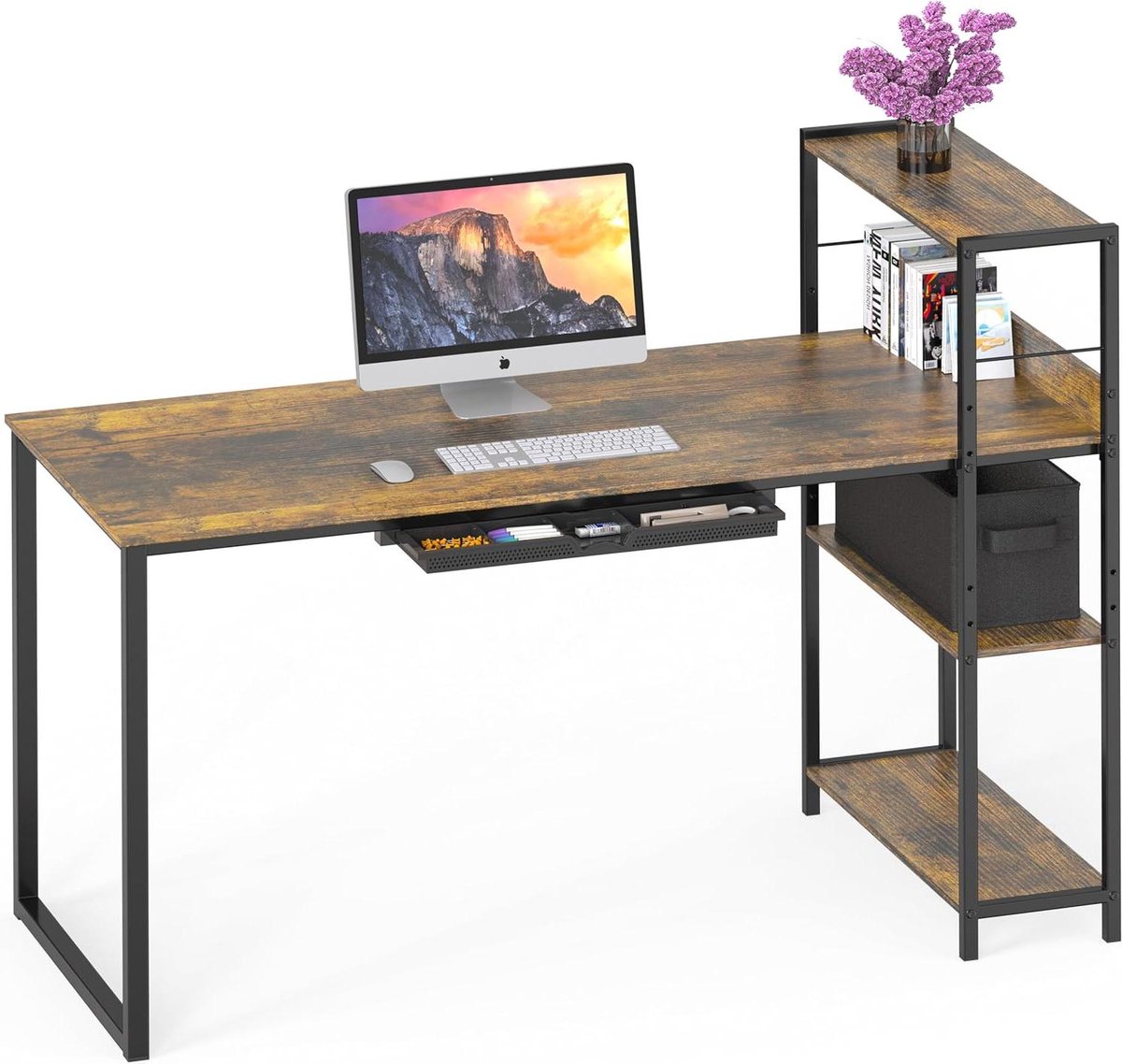 Bureau met plank - Werktafel Kantoor - Thuiswerken Organiseren - Met opbergbak en lade - 46 inch - Rustiek bruin