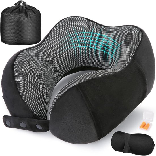 Nekkussen voor reizen, reiskussens voor vliegtuigen, 100% puur traagschuim nek kussen, verstelbaar vliegtuigkussen, draagbare vliegtuigaccessoires met oogmasker, oordopjes en opbergtas