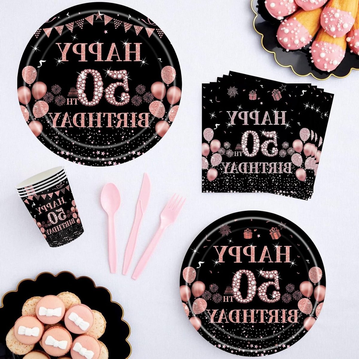 Verjaardagsservetten voor 50e verjaardag, 20 stuks, 33 x 33 cm, zwart en roségoud, feestdecoratie voor verjaardagsfeest, 50 jaar, jubileum, tafelaccessoires