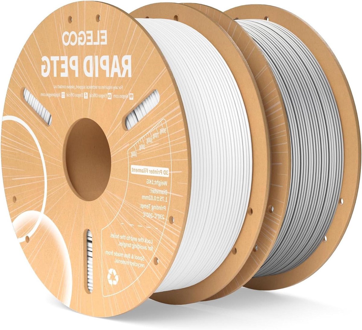 ELEGOO Rapid PETG-filament, 1,75 mm, wit grijs, 2 kg, high speed 600 mm/s, 3D-printerfilament, maatnauwkeurigheid +/- 0,02 mm, 2 kg kartonnen spoel, geschikt voor de meeste 3D-printers