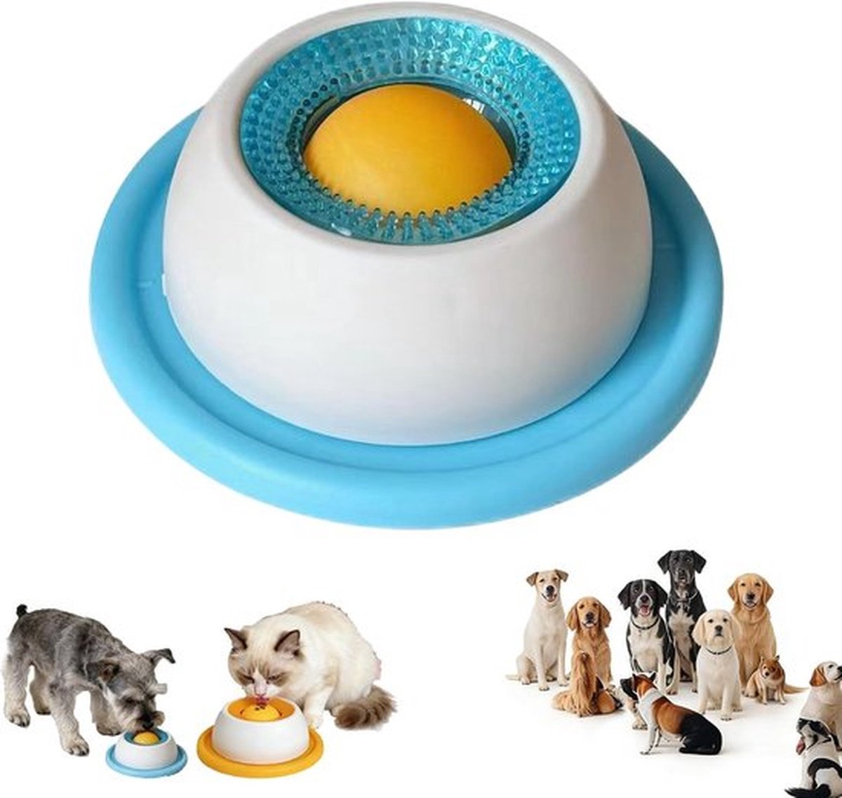 Likspeelgoed voor honden, likbak voor honden, likbal voor honden, natvoer, likmat met antislip, voerbak voor honden met geïntegreerde draaiende bal, likspeelgoed voor honden, katten en puppy's (blauw)
