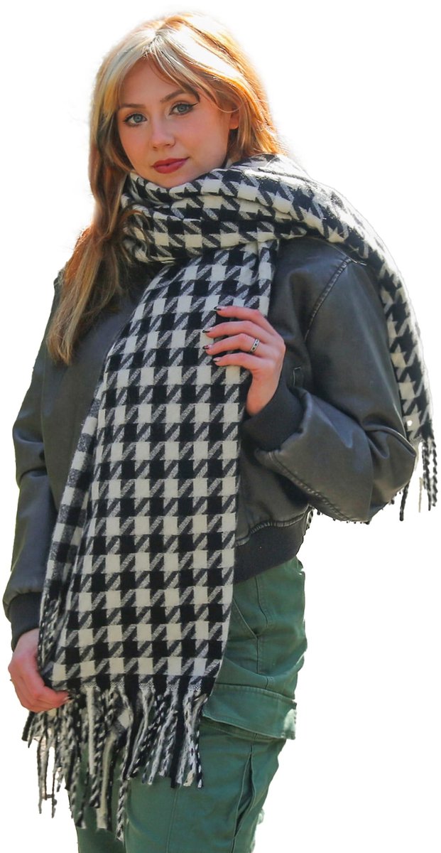 TRIXES Reversible Pashmina Sjaal - Dubbelzijdige Houndstooth & Ruit Design voor Koude Winterdagen
