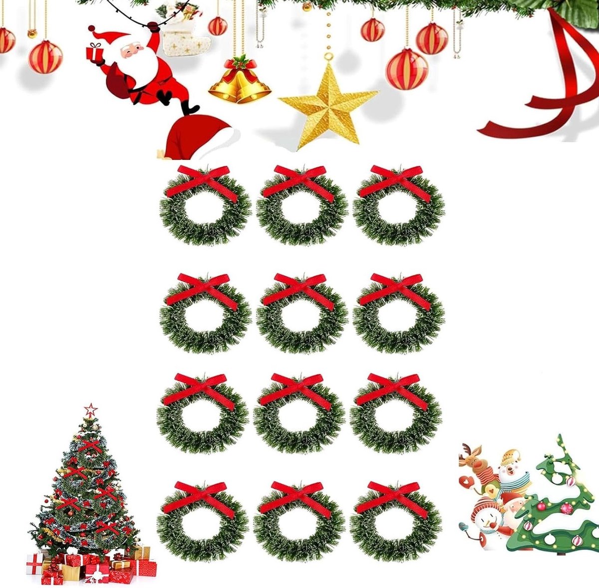 12 Stuks Kerstdecoratie voor Deur, Mini Kerstkrans voor Thuis, Feestelijke Versiering, Kerst Wreaths, Kerstdecoratie voor Binnen en Buiten
