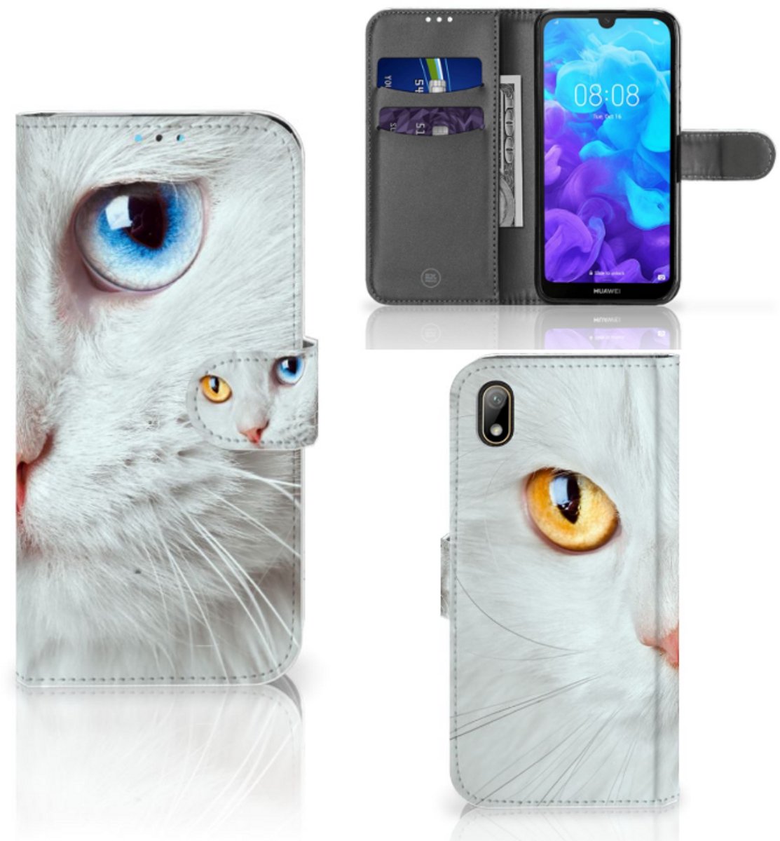 Huawei Y5 (2019) Telefoonhoesje met Pasjes Witte Kat