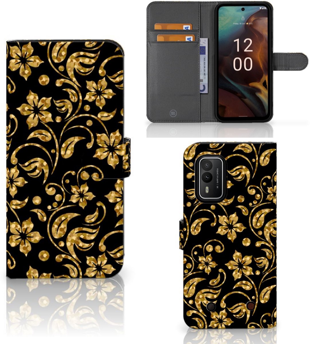 Book Case voor Nokia XR21 Hoesje Gouden Bloemen