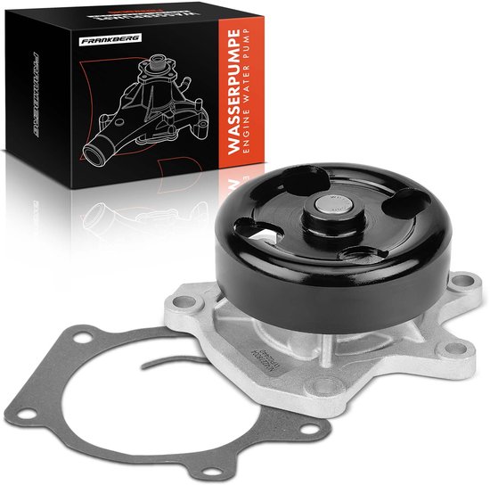 Frankberg motor waterpomp met pakking, aluminium en zwarte kunststof onderdelen.
