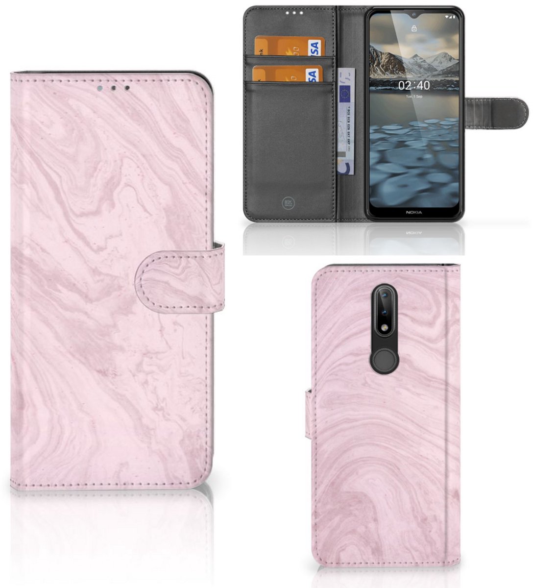 Nokia 2.4 Bookcase Marble Pink - Origineel Cadeau Vriendin