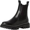 Zwarte Tamaris chelsea laars met witte stiksels, elastische zijkanten en grove zool.