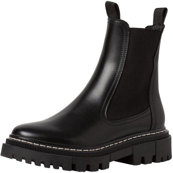 Zwarte Tamaris chelsea laars met witte stiksels, elastische zijkanten en grove zool.