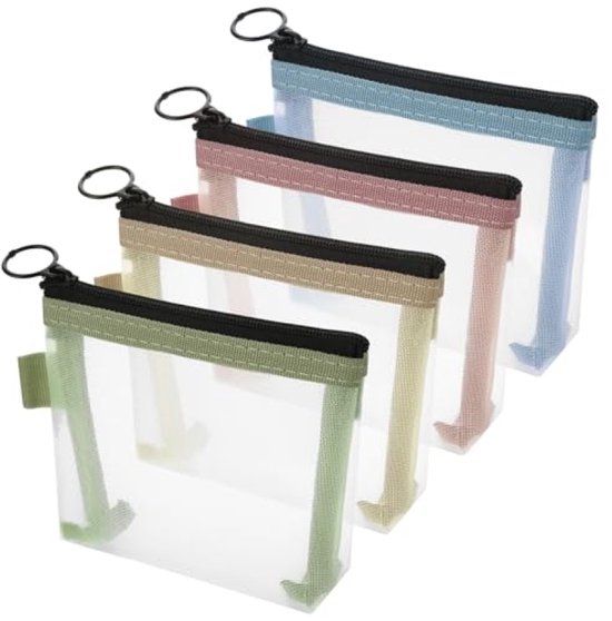 Mini trousses en filet avec fermeture éclair, 11,5 x 10,5 cm, mini trousses à maquillage, trousses de voyage en nylon avec fermeture éclair pour petits objets, rouge à lèvres, écouteurs - Lot de 4