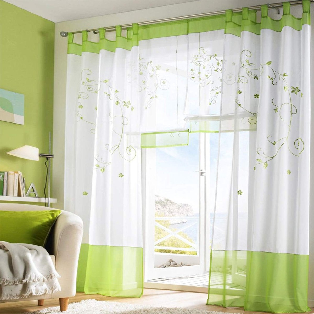Gordijnen met bloemenpatroon - Raampanelen decoratie - Woonkamer slaapkamer - Borduurwerk transparant - 140 cm x 260 cm - Groen
