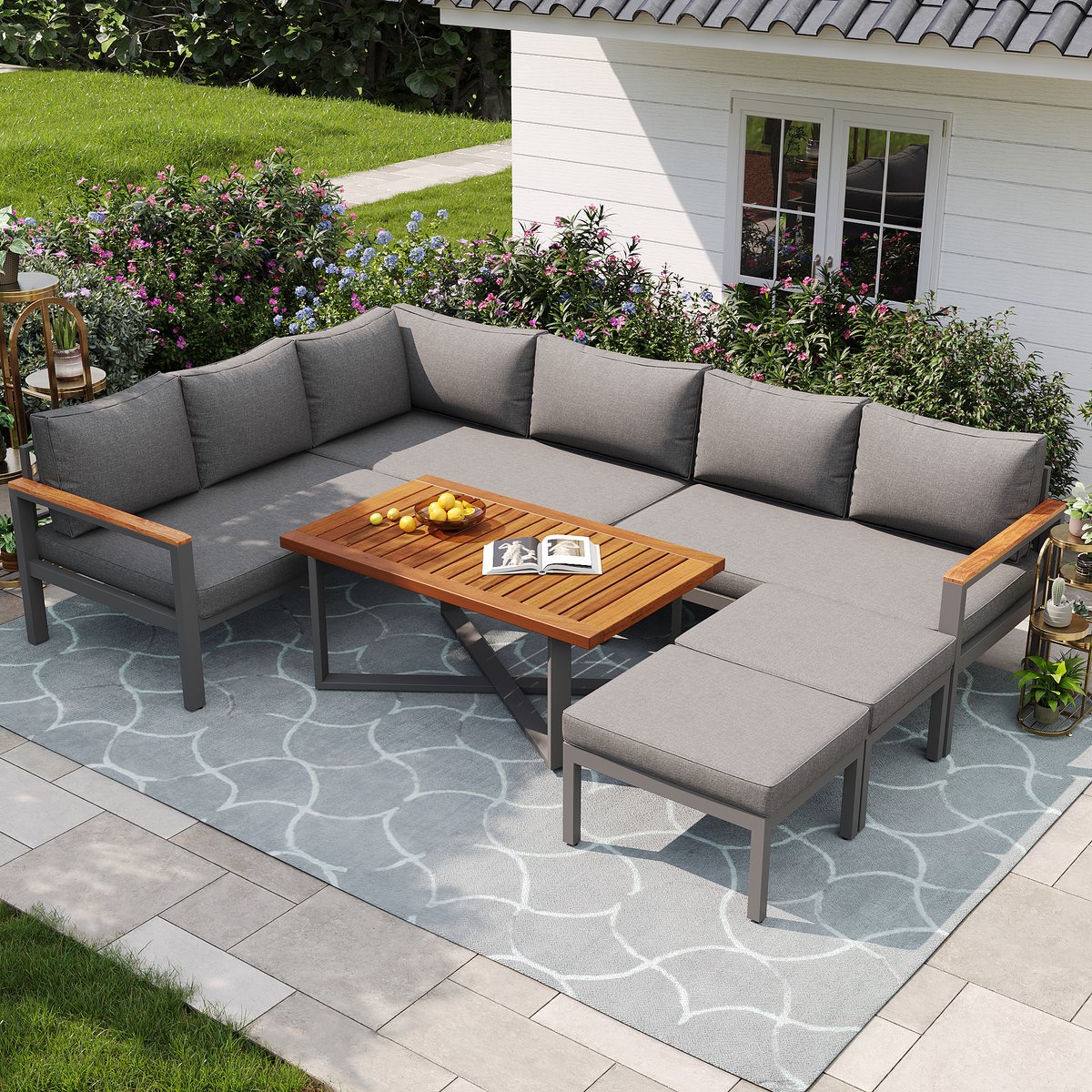 MIVRAY Tuinloungeset 6-8 Personen - Met Tafel En Verstelbare Voeten - Voor Tuin Balkon En Terras - Metaal Hout Donkergrijs