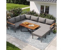 MIVRAY Tuinloungeset 6-8 Personen - Met Tafel En Verstelbare Voeten - Voor Tuin Balkon En Terras - Metaal Hout Donkergrijs