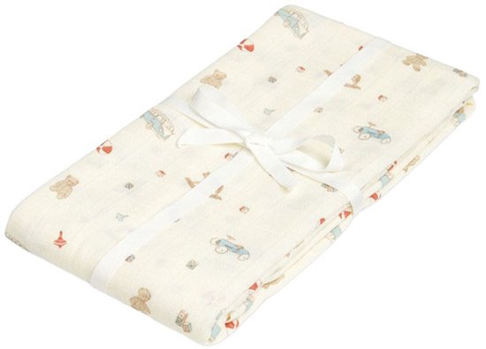 Lichtgele hydrofiele doek met een print van vintage speelgoed, inclusief teddyberen, auto's en tolletjes. Vastgebonden met een wit lint.