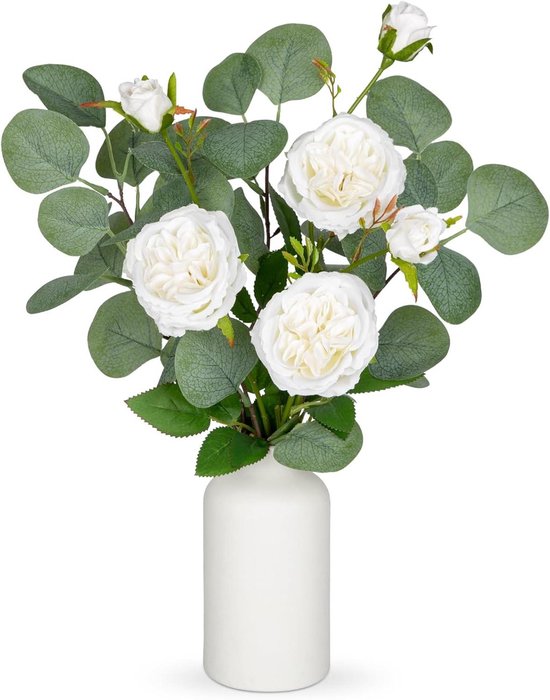 Kunstmatige eucalyptus bloem roos in keramische vaas kunstmatige zijden bloemen nep planten voor bruiloft thuis tafel centerpieces decoratie