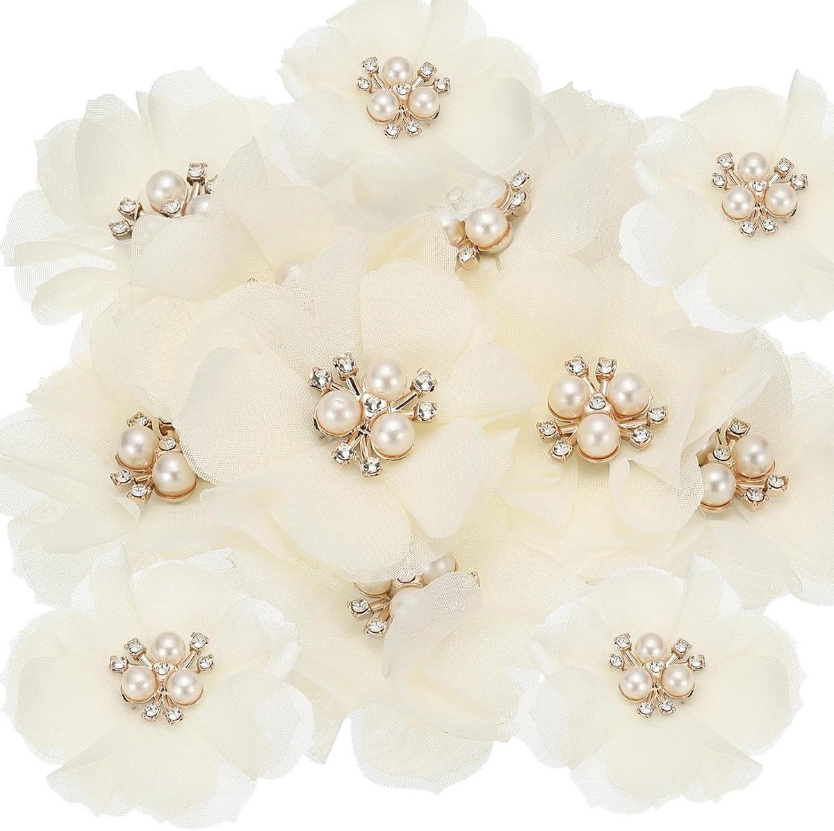 Chiffon Bloem Applicaties - Stoffen Bloemen Parels - Ambachtelijke Decoratie - Met Parel en Strass - 60mm Diameter - Beige