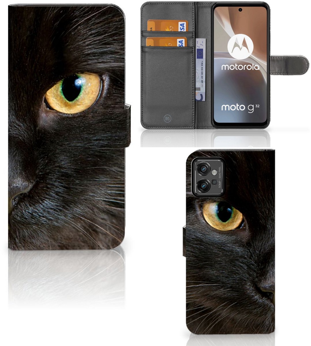 Motorola Moto G32 Telefoonhoesje met Pasjes Zwarte Kat