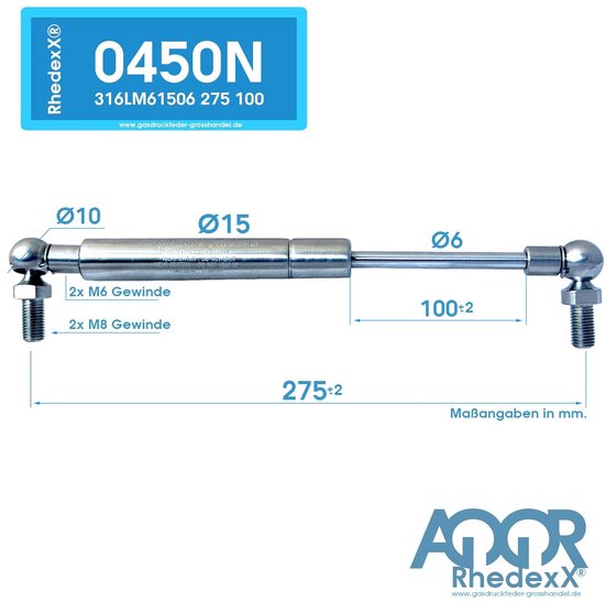 Gasveer gasdrukdemper kogelkop lengte 275 mm, slag 100 mm, kracht 50N-450N M6 schroefdraad - gasveer vervanging voor liftomat 15/6 (275/100/450N, roestvrij staal 316L) — afbeelding 3