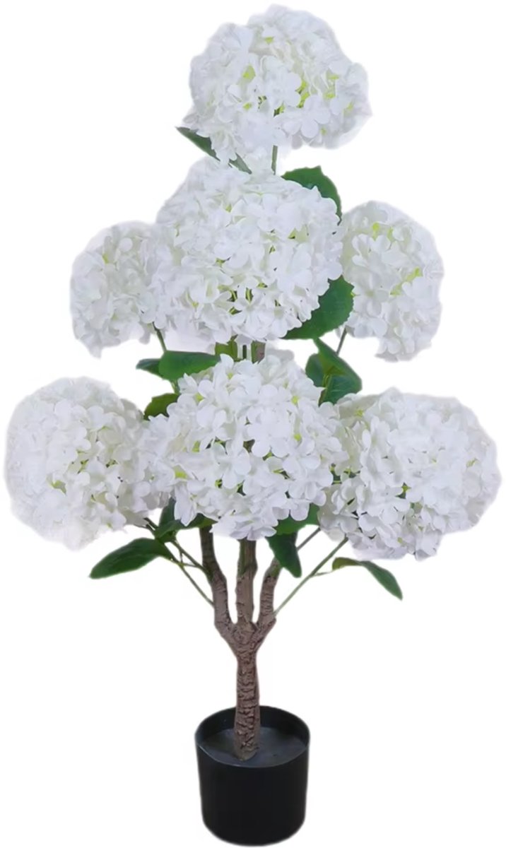 Happiq Kunstmatige hortensia boom (90 cm) - Voor binnen, buiten & kantoor - Onderhoudsvrije woondecoratie met witte bloemen en bladeren - Kunststof textiel, wit bruin