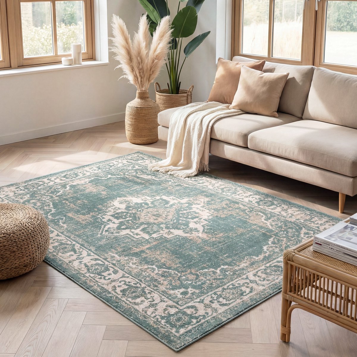 Fraai Vintage vloerkleed - Spring Medaillon Groen/Creme - 80x150cm