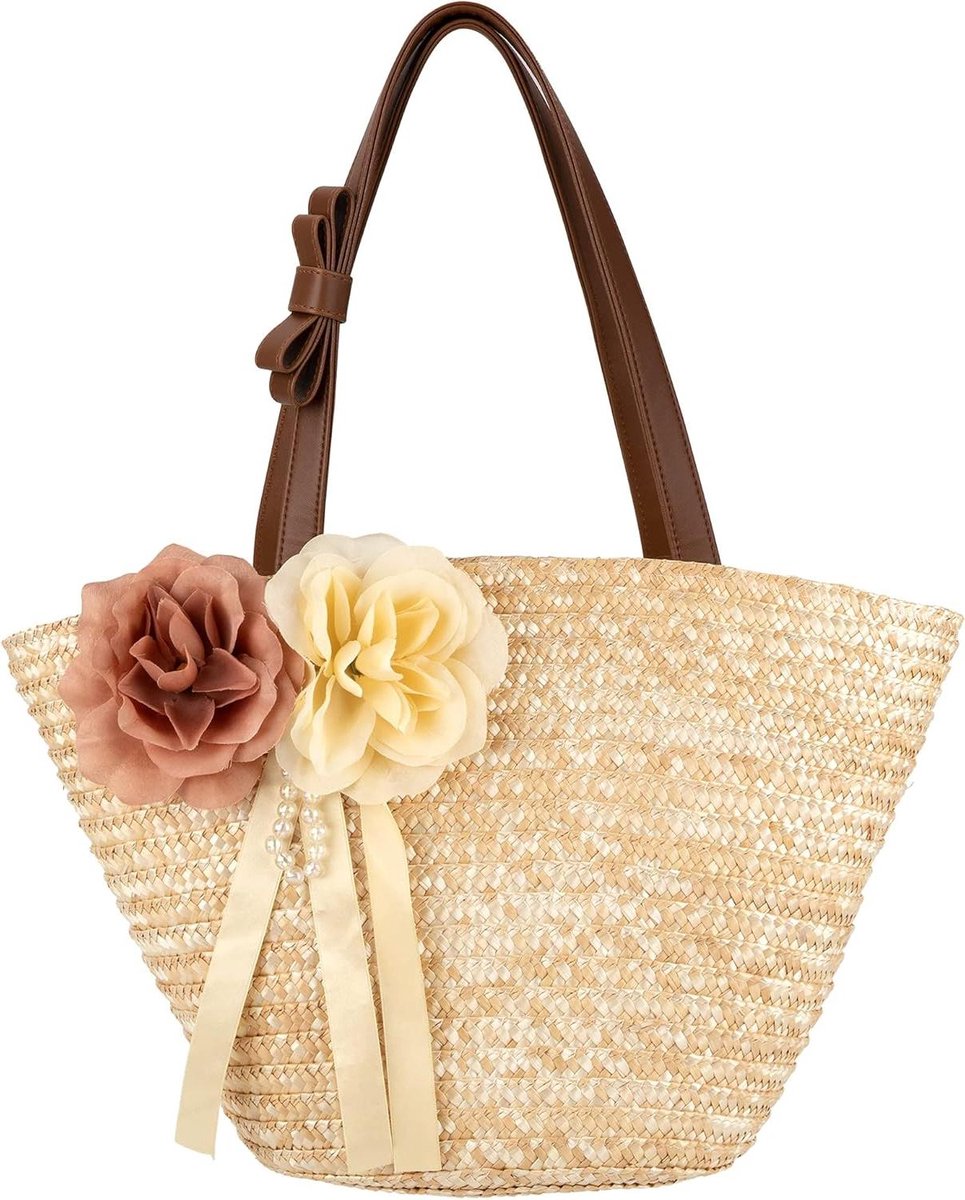 Dames Handtas - Zomer Tas - Strand Bezoek - Groot Bloemmotief - 44.7 cm - Natuurlijk