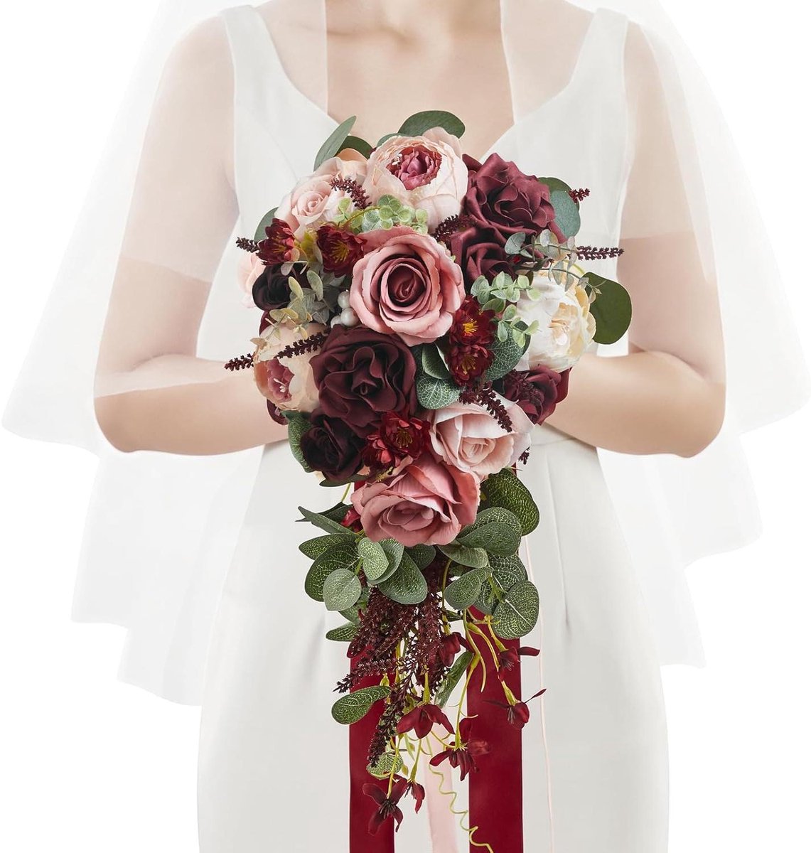 Bruidsboeket - Bruidsbloemen Kunstboeket - Bruiloft Decoratie - Zijden Stof Realistisch - 50 cm Hoog 25 cm Breed - Bordeauxrood Roze