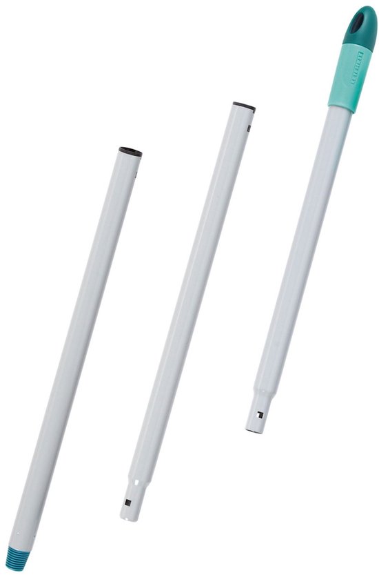 Trois manches télescopiques blancs pour serpillière, avec une poignée turquoise.